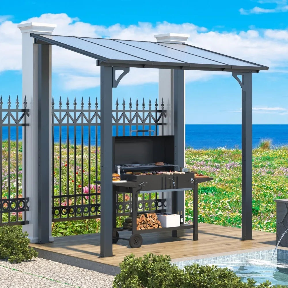 Lean-to Hardtop Grill Gazebo Shelter with Roof, Wall-Mounted Heavy Duty Awning for Patio, Deck, or Outdoor BBQ