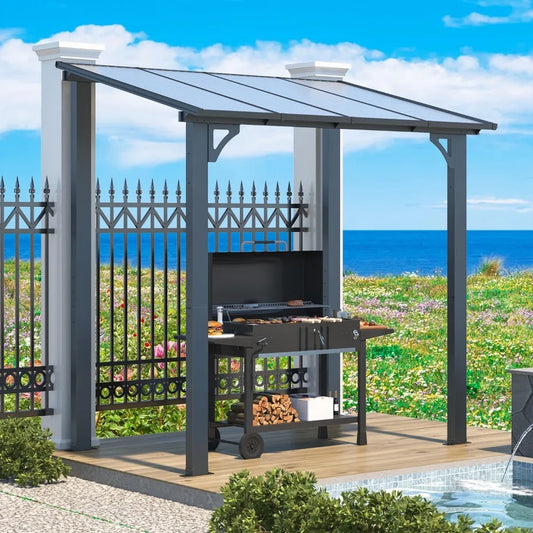 Lean-to Hardtop Grill Gazebo Shelter with Roof, Wall-Mounted Heavy Duty Awning for Patio, Deck, or Outdoor BBQ
