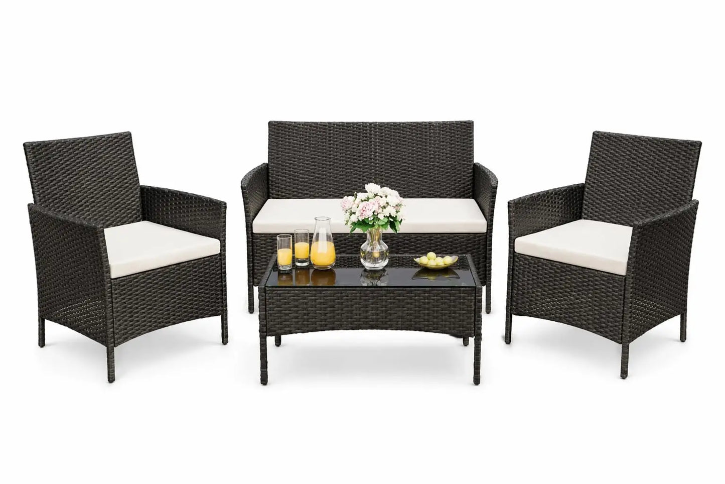 4‑Piece Patio Furniture Set – Glass Coffee Table & 3 Cushioned Chairs for Garden, Balcony & Backyard