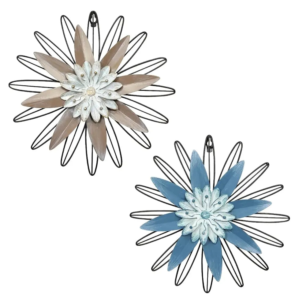 9“ White and Gold Metal Flower Wall Art, Modern Rustic Floral Decor for Indoor Living Room, Bedroom, Office, or Outdoor