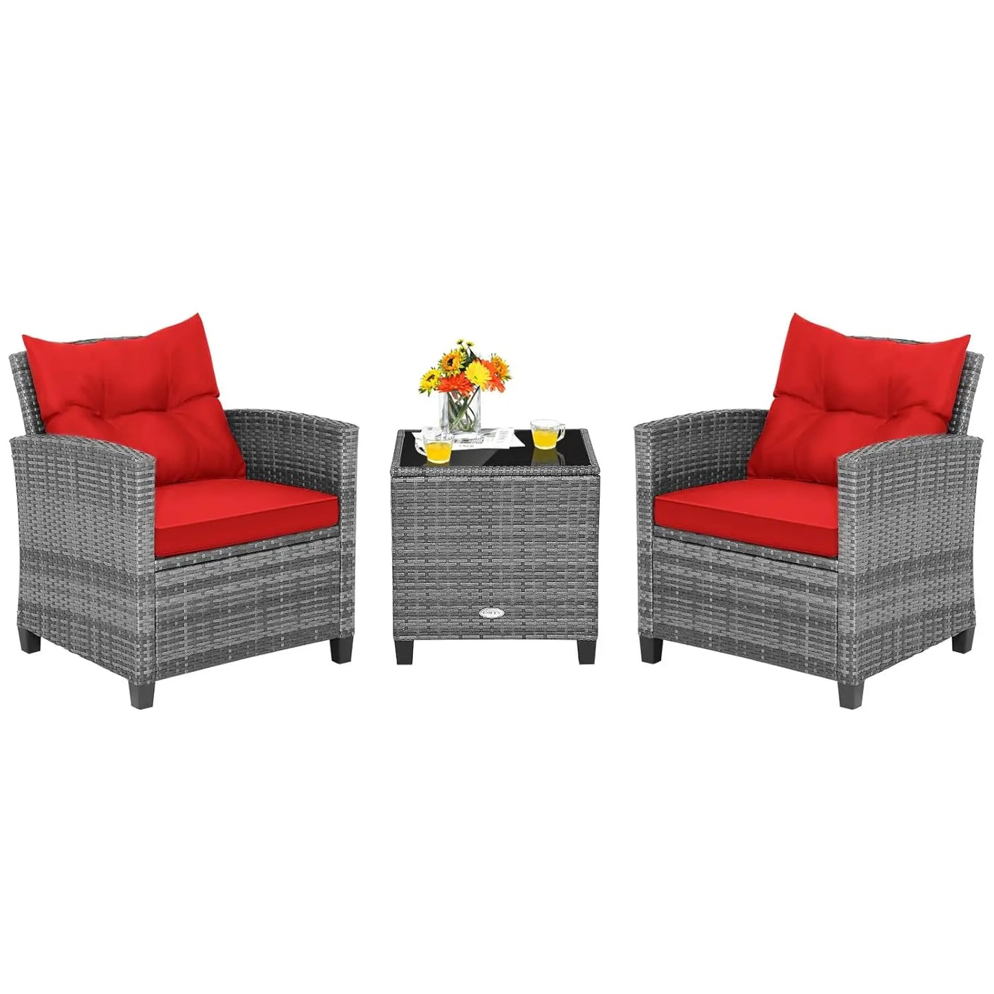3 Pieces Patio Furniture Set, Outdoor Rattan Chair Set with Tempered Glass Side Table