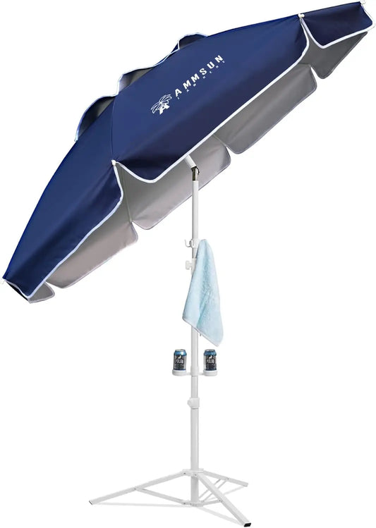 Portable Sun Umbrella with Stand, 6.5ft Adjustable Canopy for Outdoor Sports and Beach, Navy Blue