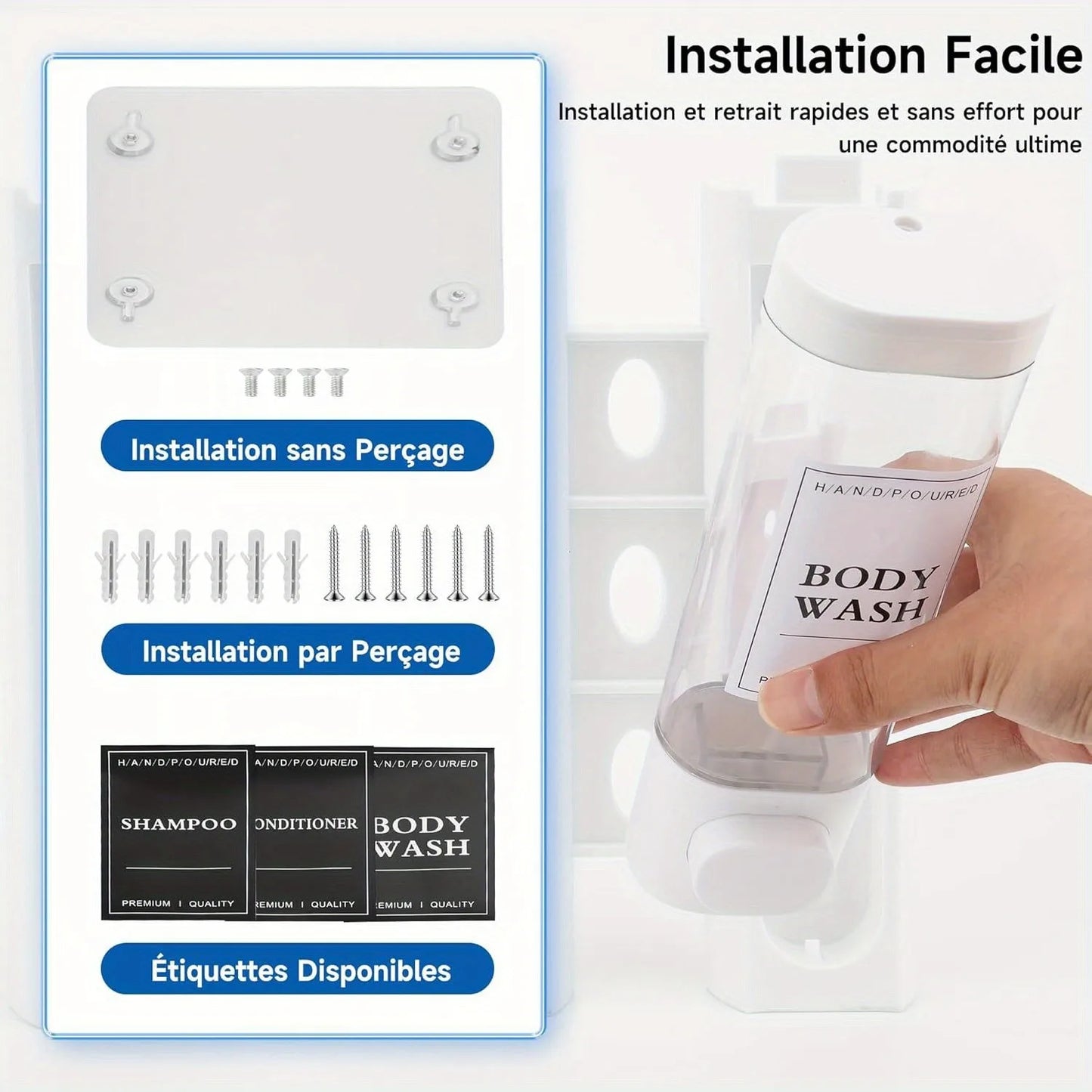 Wall-mounted 3-in-1 Soap, Shampoo and Conditioner Dispenser, No Drilling Required