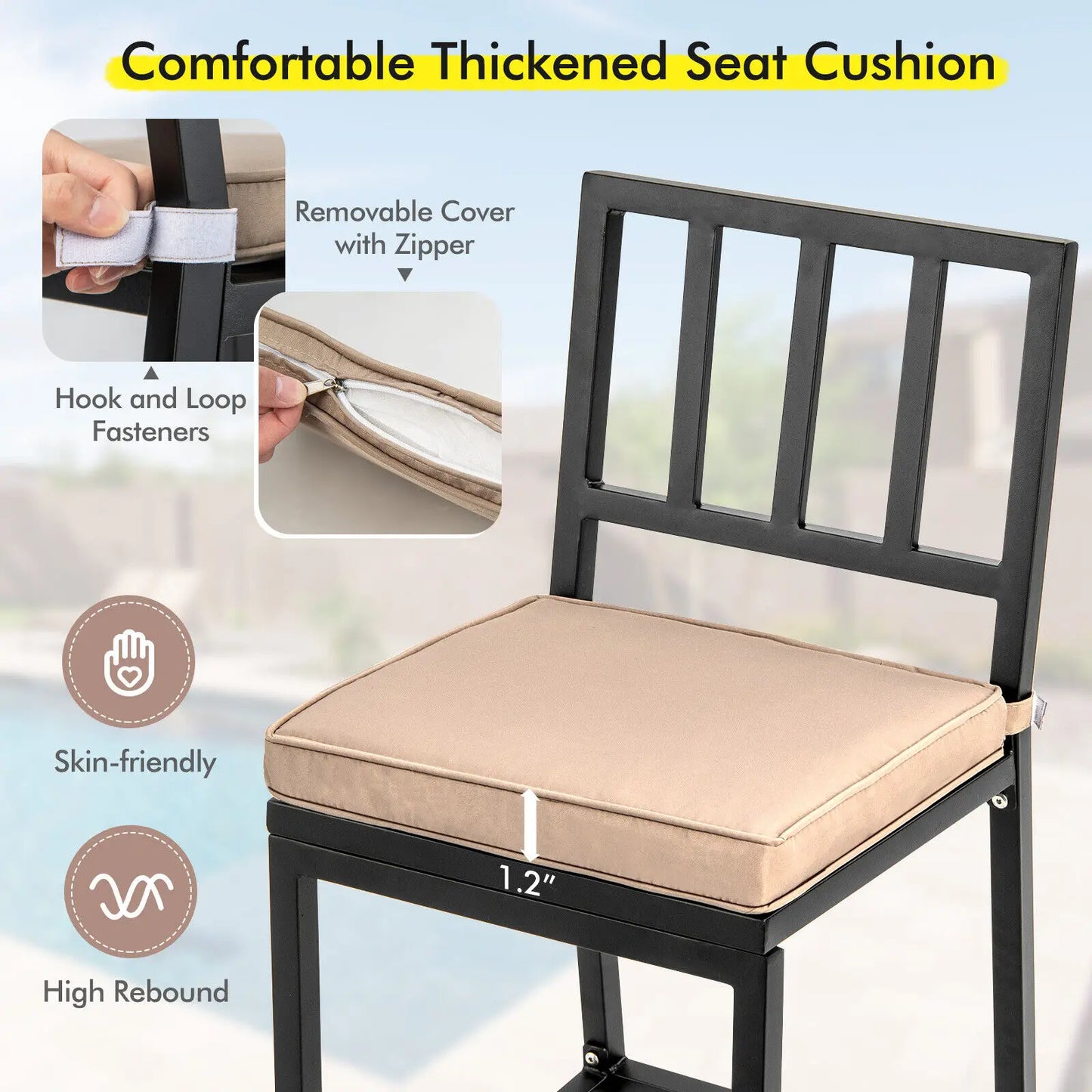 Outdoor Metal Bar Stools (Set of 4) – 30" Counter‑Height Chairs with Beige Cushions