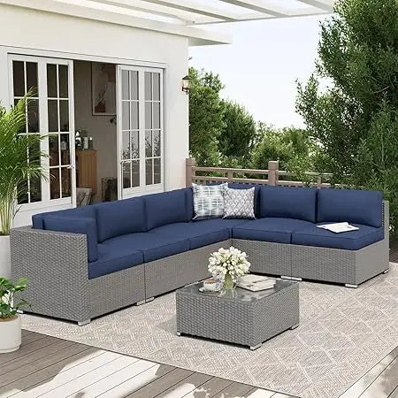 7-Piece Outdoor Patio Sofa Set - Black Rattan Wicker Set with Glass Top Table and Cushions(Red)