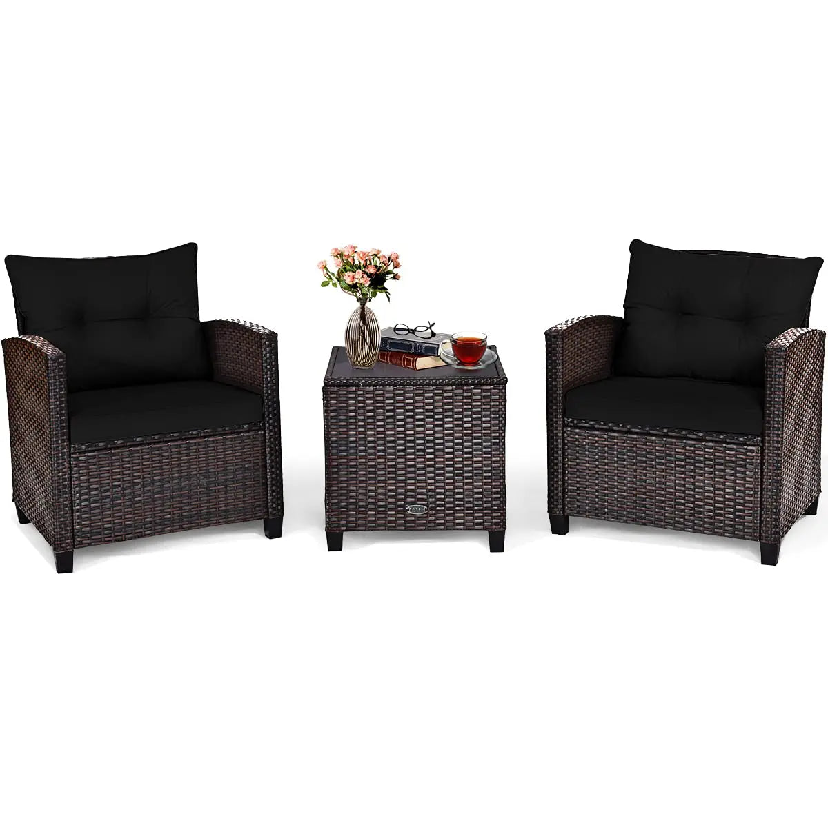 3 Pieces Patio Furniture Set, Outdoor Rattan Chair Set with Tempered Glass Side Table