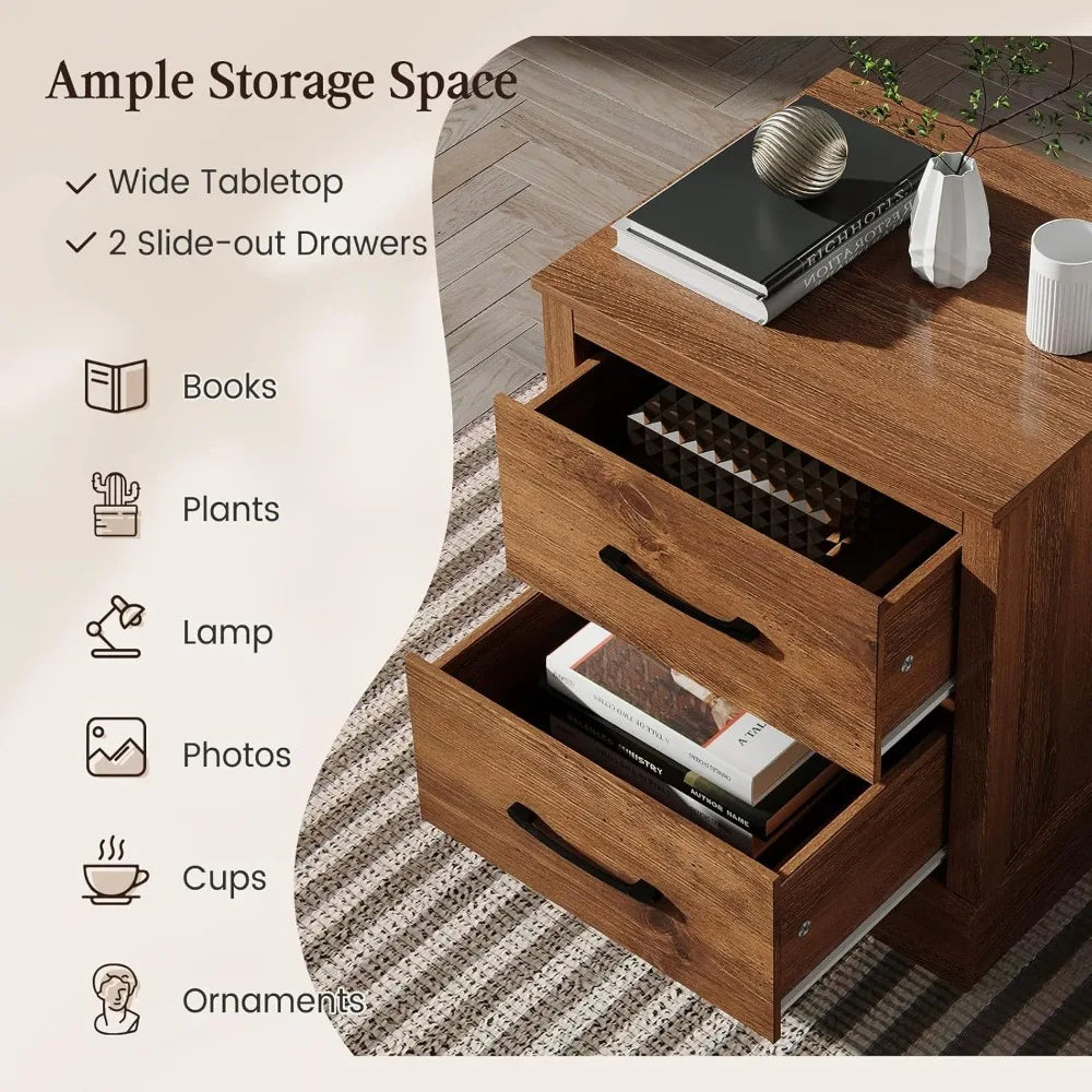 Wood Nightstands Set of 2 – Bedside Tables with 2 Storage Drawers